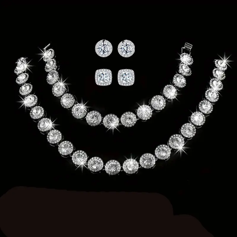 Cubic Zirconia Tennis Necklace Bracelet Earrings for Women Men Jewelry Set for Party Prom Accessories Costume Wedding Jewelry for Bride, Silver Jewelry Sets for Women Gift