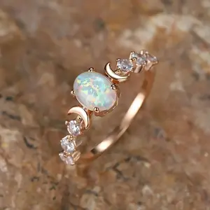 Fashion Elegant Oval-Cut Opal-look Ring for Women, Golden Alloy Wedding Engagement Ring, Handcrafted Jewelry for Adults Over 15 Years Old, Non-Plated