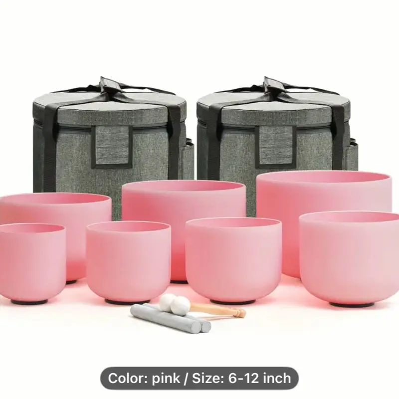 Pink 432HZ 7PCS Set of 6-12 Inch Frosted Quartz Crystal Singing Bowls with Free Travel Carry Case Bag for Meditation Sound Baths Yoga and Reiki Healing