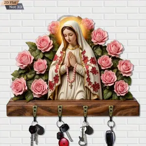 Wall Key Holder with Hooks – Wooden Virgin Mary & Baby Jesus Rose Design, Decorative Wall-Mounted Key Rack with 4 Hooks, Vintage Religious Home Decor for Entryway, Hallway & Living Room