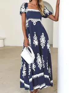 Women's Pocket Square Neck Dress, Bohemian Fashion Casual Short Sleeve Long Dress for Daily Holiday Vacation Wear, Ladies Dress for Summer, Classy Modest Dresses, Womenswear, Boho Casual Clothes, Boho Chic Dress