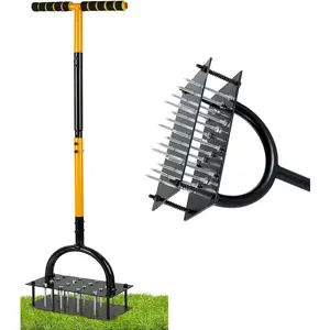 Lawn Aerator Tool, Lawn with 15 Iron Spikes, Automatic Leaf and Dirt Cleaning with Spring- Design, Metal Manual Aerator for Loosening Soil Aerating Patio, Yard, Garden Black