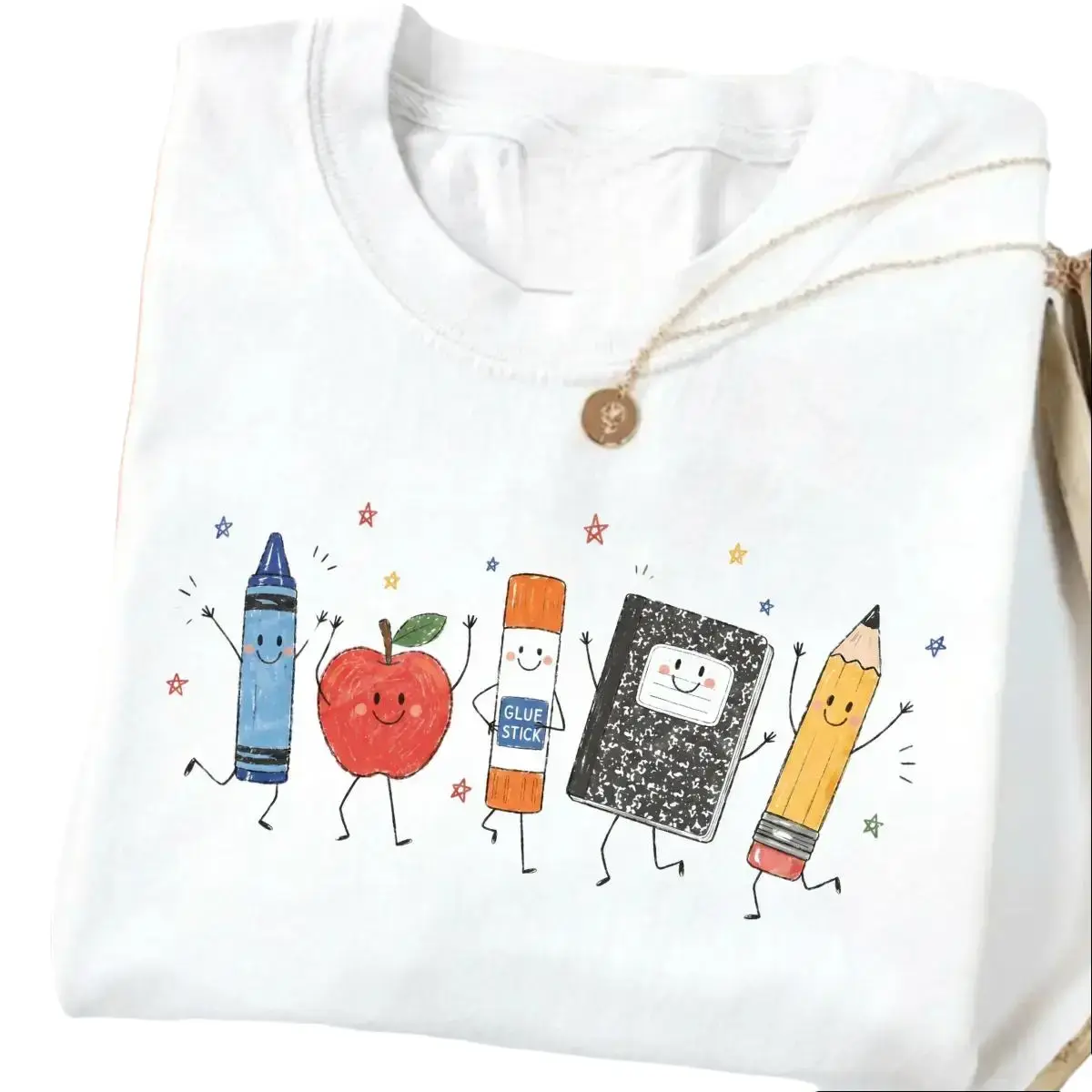Back to School  Teacher T-Shirt, Cute School Graphic Tee, Crayon Apple Pencil Notebook Shirt, Teacher Appreciation Gift