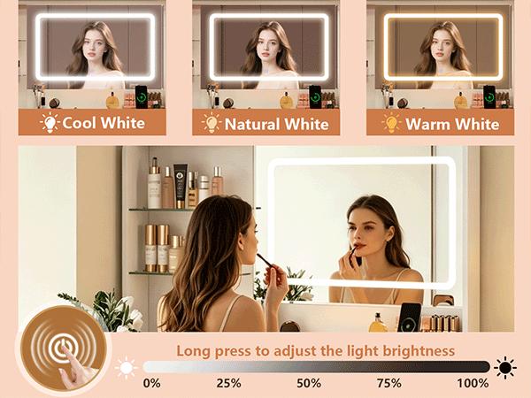 CollaredEagle Rectangular Wood Makeup Vanity Desk - Freestanding Modern Aesthetic Vanity with LED Lighted Mirror, Drawers, Storage Cabinet, Charging Station, Cosmetic Organizer & Matching Stool (White/Black)