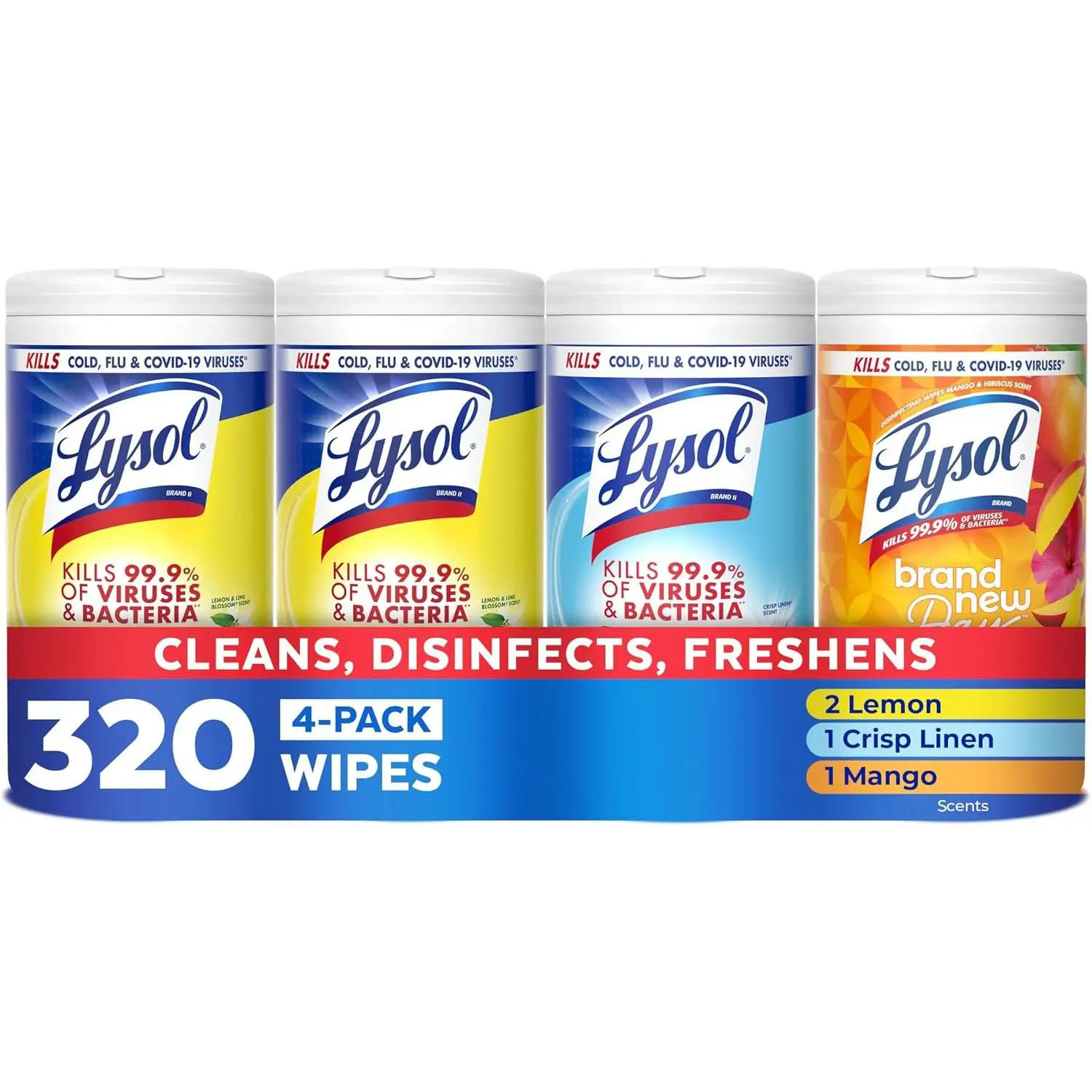Lysol Disinfecting Cleaning Wipes, 4-Pack of 80 Count, Lemon, Mango and Linen Scents, 320 Total Wipes