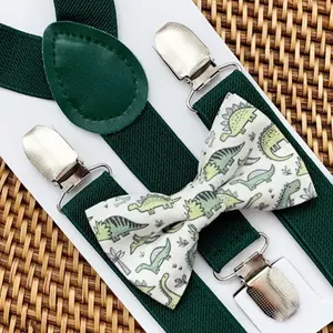 Green Dinosaur Bow Tie & Dark Green Suspenders Set