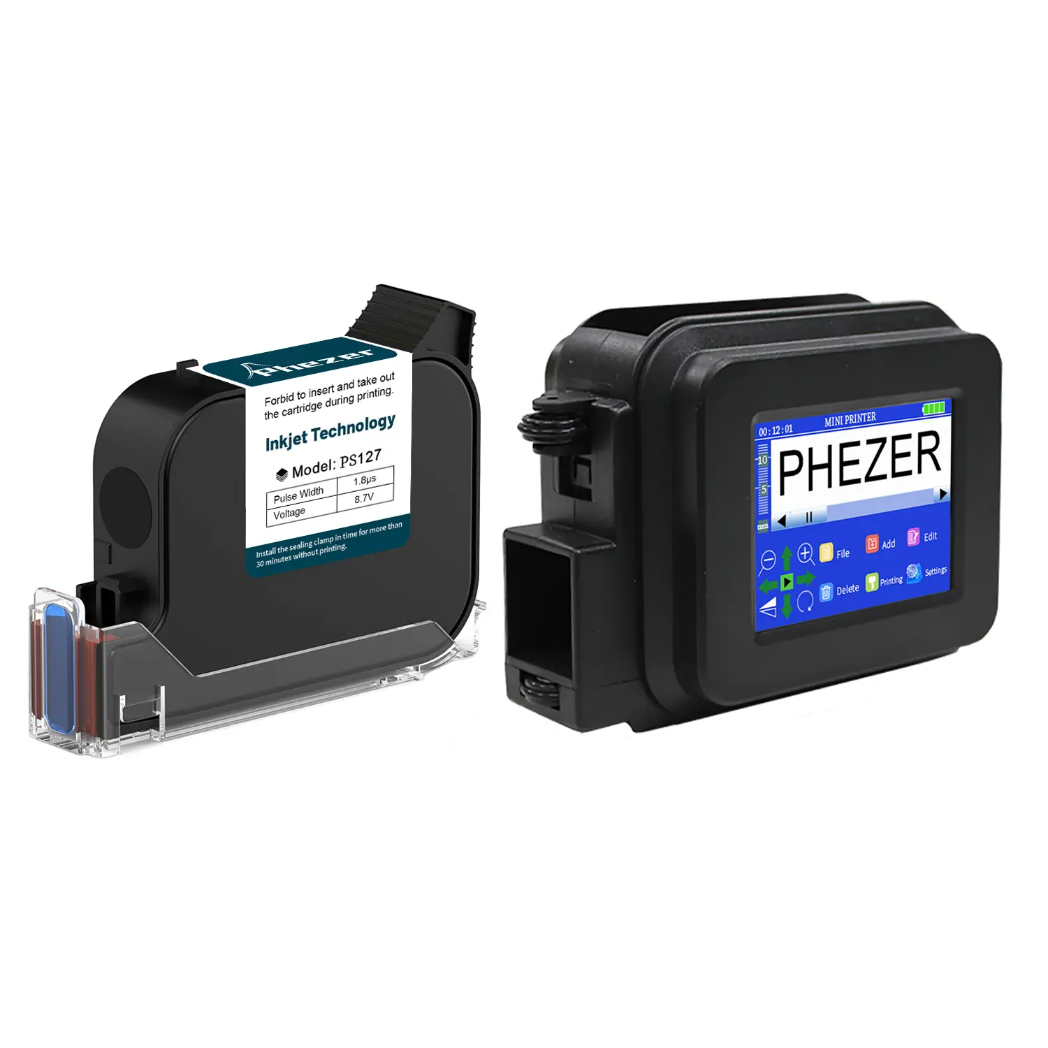 Phezer PC13 Portable Mini Handheld Inkjet Printer with PS127 Quick-Drying Solvent Ink Cartridge, 12.7mm/0.5in Print Height, 25W Power, 2-5mm Compatibility, for QR Code, Time, Barcode, Logo, Number Printing on Glass, Carton, Pipe (28 Languages Supported)