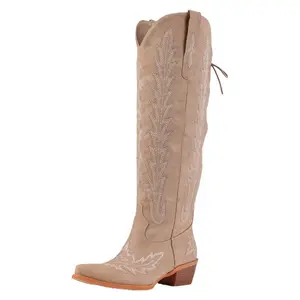 Retro Style Womens Pointed Toe Over Knee Boots with Embroidery Western Mid Block Heel Tan Suede for Stylish Occasions