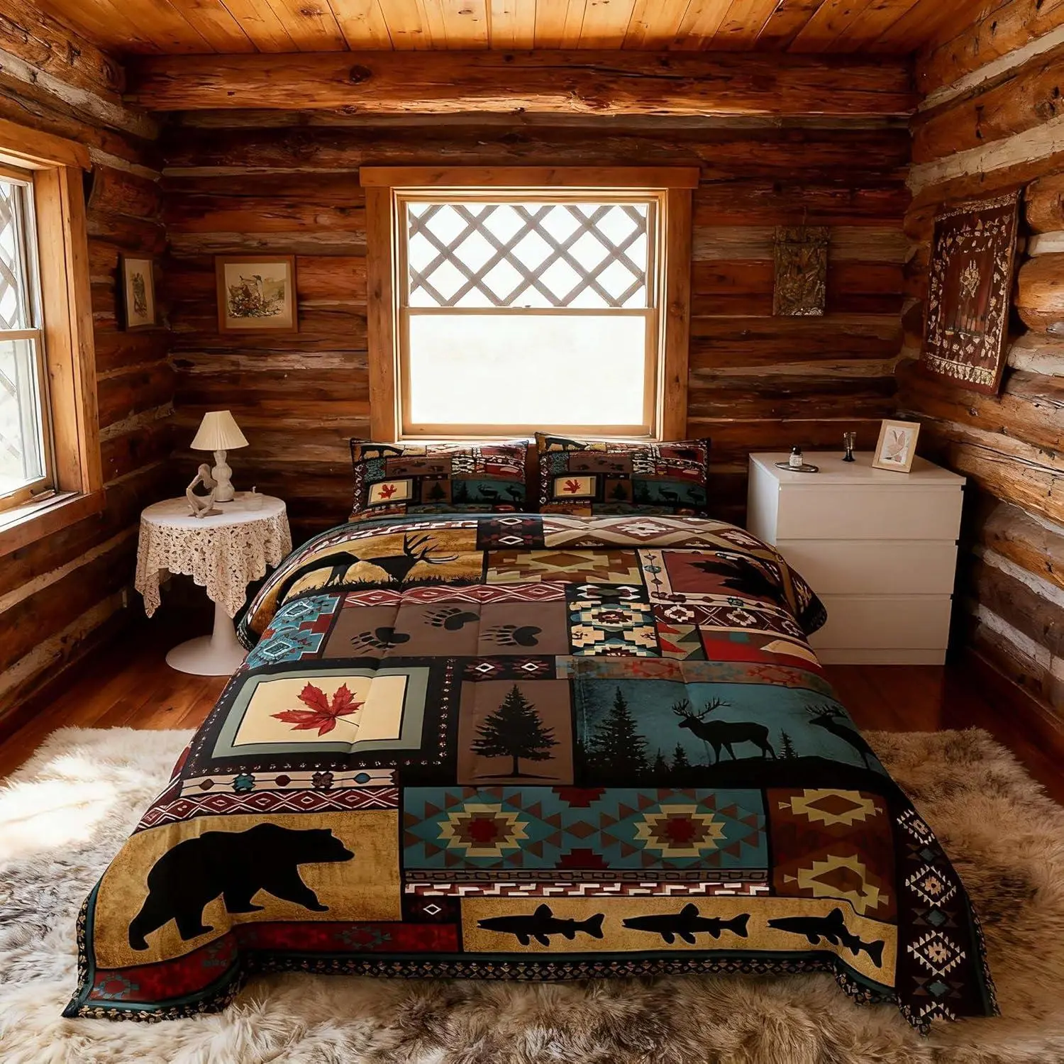 Feelyou Queen Comforter Set - Rustic Cabin Lodge Breathable Bedroom Bedding, Southwestern Farmhouse Vibe Animal & Geometric Print (Bear, Moose, Deer) for Multi-Size Beds, Animals, Bedroom Bedding Set