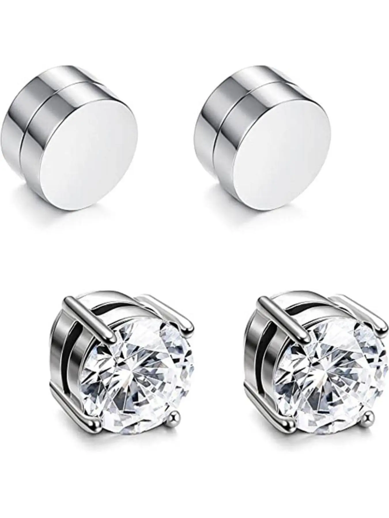 4Piece Stainless Steel Magnetic Ear Cuffs Non-Piercing Silver Color Sparkling Zirconia Stud Earrings Set Unisex, Fashion Jewelry for All Seasons Earcuff, Non Pierced Jewelry