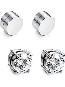 4Piece Stainless Steel Magnetic Ear Cuffs Non-Piercing Silver Color Sparkling Zirconia Stud Earrings Set Unisex, Fashion Jewelry for All Seasons