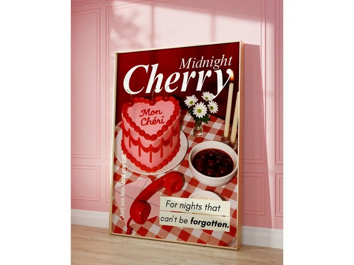 Cherry Poster Print  Trendy Cherry Art for Apartment Decor & Cherry Lovers, Girly Aesthetic Wall Art for Trendy Rooms, Cute Dorm Decor