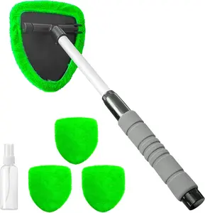 Windshield Cleaning Tool, Car Cleaning Kit, Car Window Cleaner with Extendable Long Handle and 4 Washable Reusable Microfiber Pads, Auto Interior Exterior Glass Wiper Kit for Vehicles (Green)
