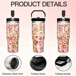 30oz Stainless Steel Tote Strawberry Shortcake Pattern Insulated Water Bottle with Handle Stainless Steel Thermos Drinking Cup for Home Office School Gift Drinkware Summer Cool Bottle TikTok Viral Leakproof Reusable Eco Travel Mug Gift Idea