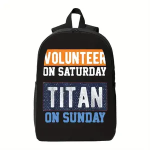 Volunteer on Saturday Titan on Sunday2 Backpack - Black with Orange & Blue Text, Zipper Closure School Bag for Volunteers, Titan Fans - Lightweight Everyday Carry Backpack for Students & Charity Workers, Sturdy Straps, for Teenager
