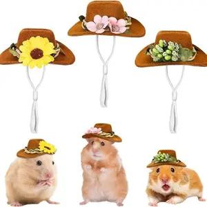 Mini Denim Hat with Floral Design, Adjustable Small Pet Cowboy Hat for Hamster Guinea Pig Parrot Snake