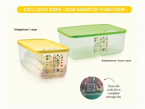 Tupperware FridgeSmart Large or Extra Large Containers - See-Through, Optimal Storage, Vent System, 1.5 Gallon & 2.5 Gallon Sizes