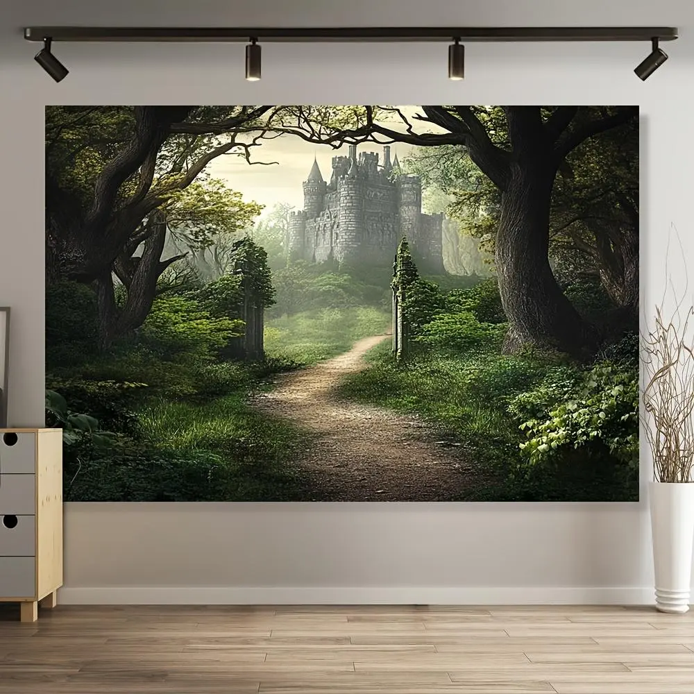 1pc Polyester Soft Texture Indoor Wall Backdrop Banner - 2D Flat Castle Scene & Misty Forest, Gothic Glam Theme, Durable, Machine Washable, No Electricity Needed, 3 Sizes, Ideal for Room Decor, Themed Parties, Tapestry, Glueless, One-Piece
