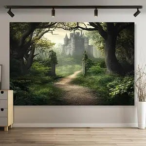 1pc Polyester 2D Flat Gothic Castle & Misty Forest Wall Backdrop Banner - Gothic Theme, Durable, Machine Washable, No Electricity Required, 3 Sizes Available, Ideal for Room Decor & Themed Parties