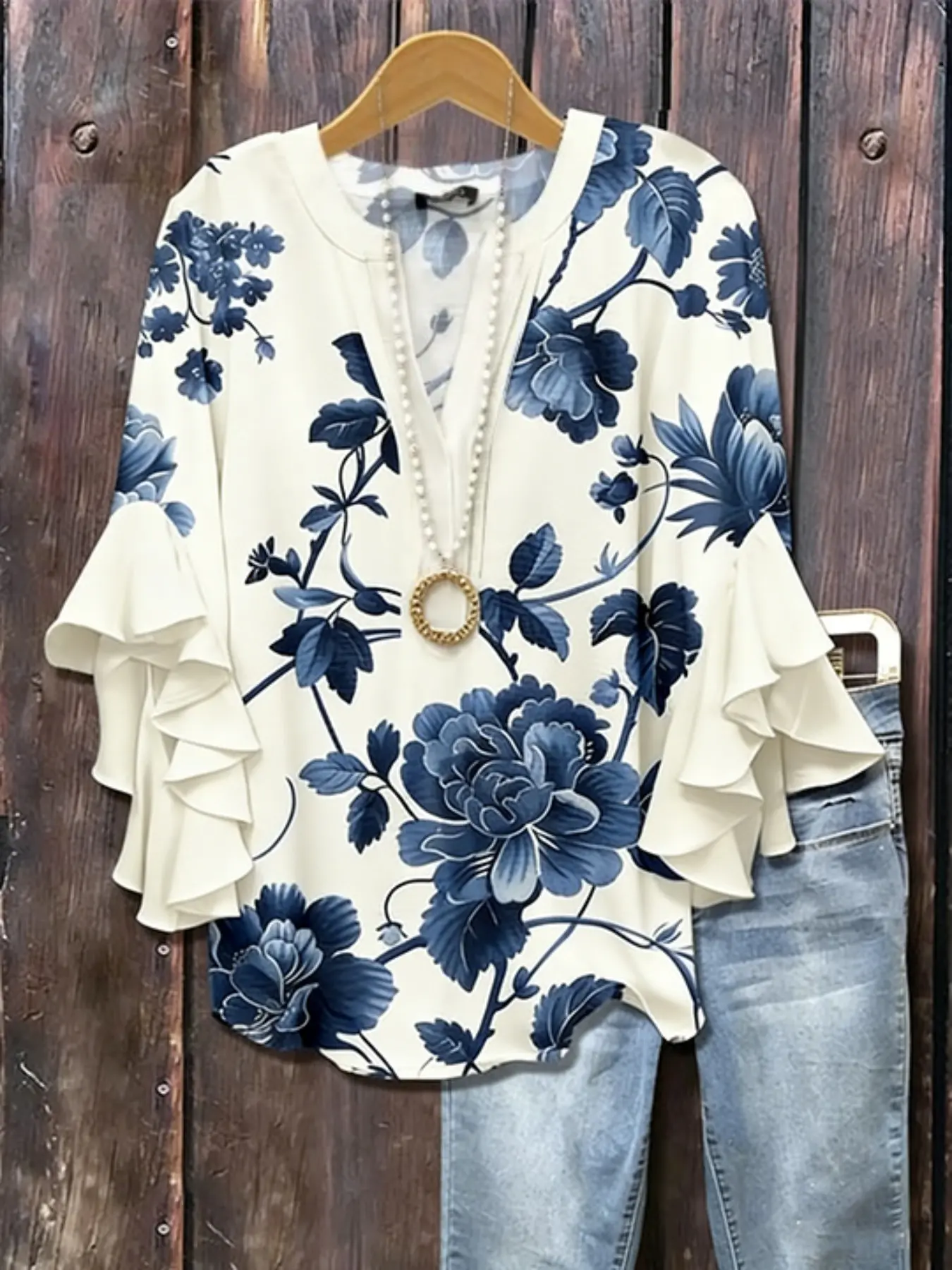 Women's Plus Size 2026 New Floral Print Flounce Sleeve Blouse Top, Casual All-Season Clothing