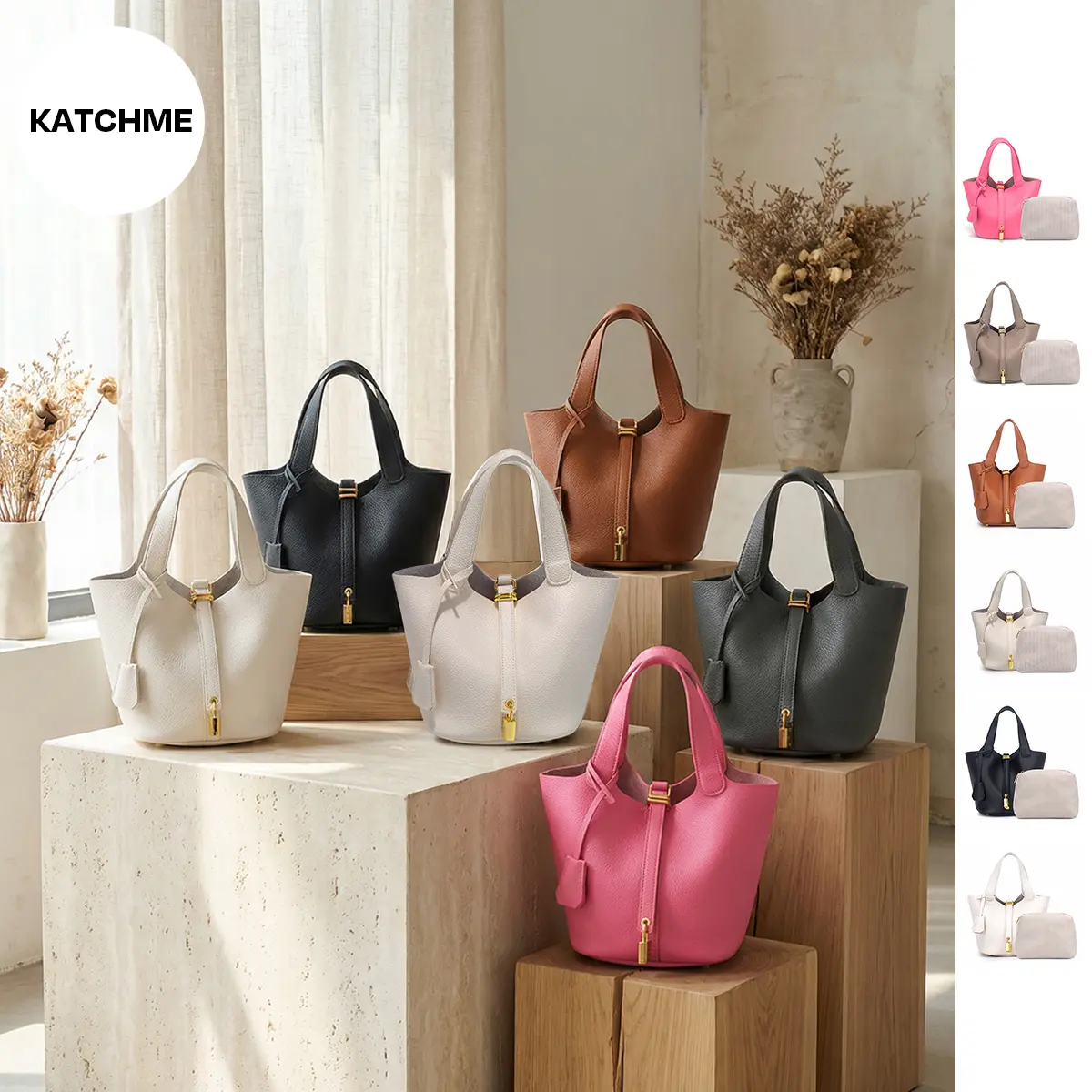 KatchMe Women's Elegant Faux-Leather Clutch Bag with Lock and Key, Alligator Touch Gold Hardware Bucket Bag, Versatile Top Handle Bag with Wallet