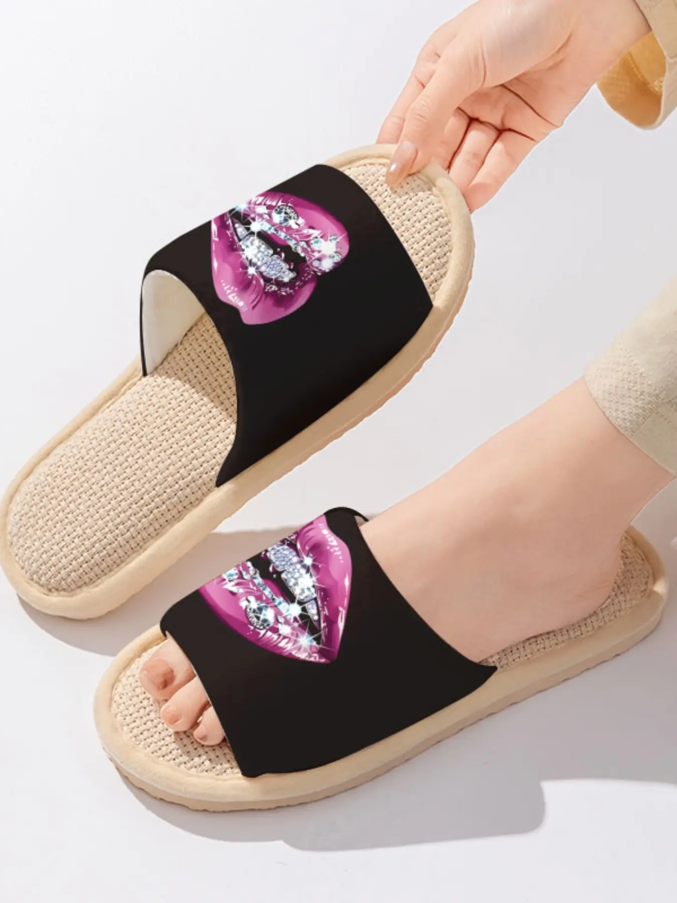 Rhinestone Pink Lips Pattern | Sexy & Bold 1 Pair Linen Breathable Non-Slip Sweat-Absorbent Home Slippers For Bold Women/Glitter Lovers (Spring Summer/Lounging/Girl's Night)