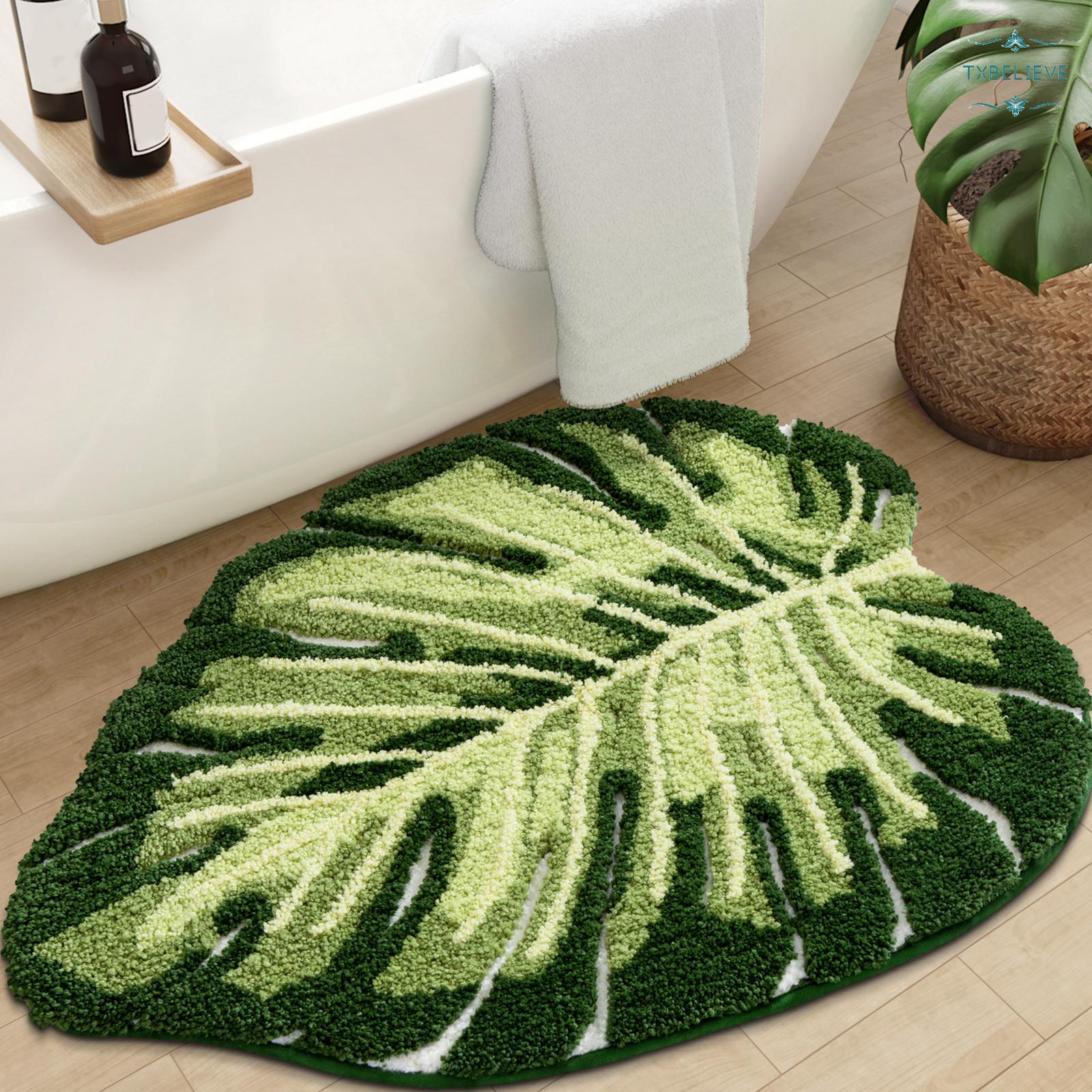 Cute Bathroom Rugs with Green Leaf Plant, Soft, Fluffy, Plush, Absorbent, Quick Dry, Non Slip, Machine Washable for Shower Floor, Bathroom, Bedroom,Kids Room, Monstera