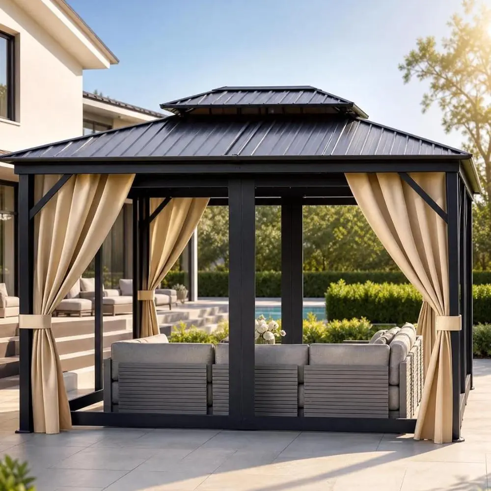 10x14 ft Sturdy Hardtop Gazebo - Stable Aluminum Alloy Frame, Reinforced Poles, Double Roof, Mosquito Net, Curtain, Sun Protection, Pre-Drilled for Outdoor Patio Backyard Reading (All Weather Shelters & Gazebos), Relaxation, Aluminium