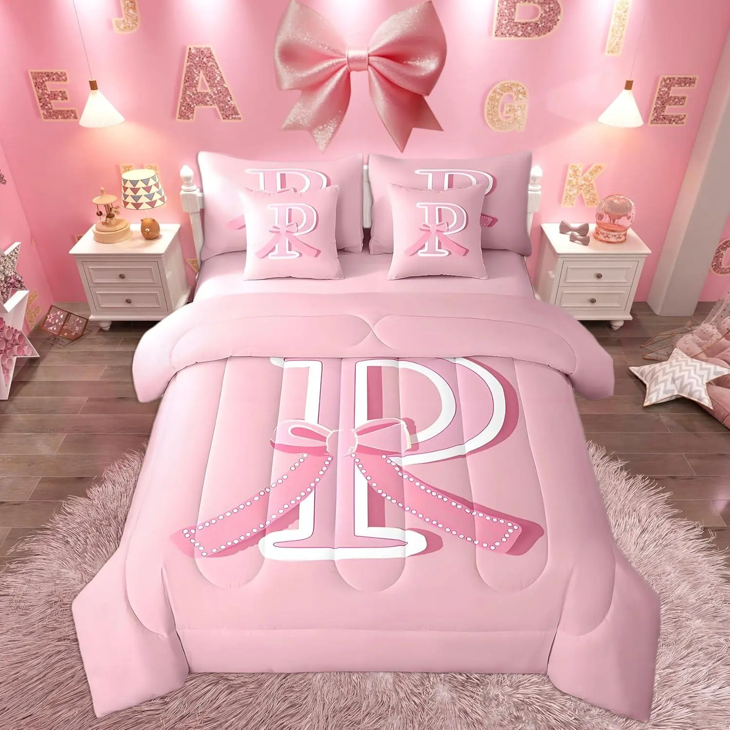 Pink Bow Bed Set,,Decor Gifts for Women Teen Girl Personalized Initial P 7 Pieces Beeding Set,Ultra Soft Monogrammed Bed in a Bag with Comforter,Sheets,Pillowcases Dreamy Bow