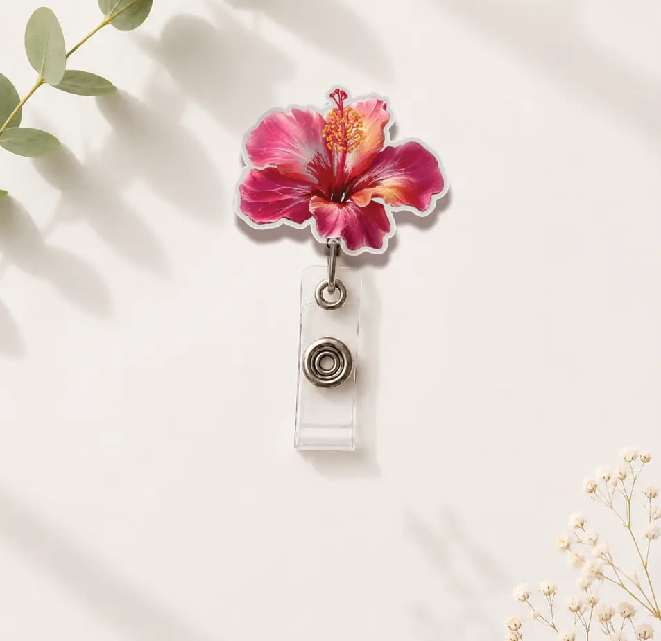 Kawaii Hibiscus Floral Badge Reel, Aesthetic Flower ID Name Tag Holder, Botanical Retractable Lanyard Clip, Cute Acrylic Office Supply, Nurse Work Accessory