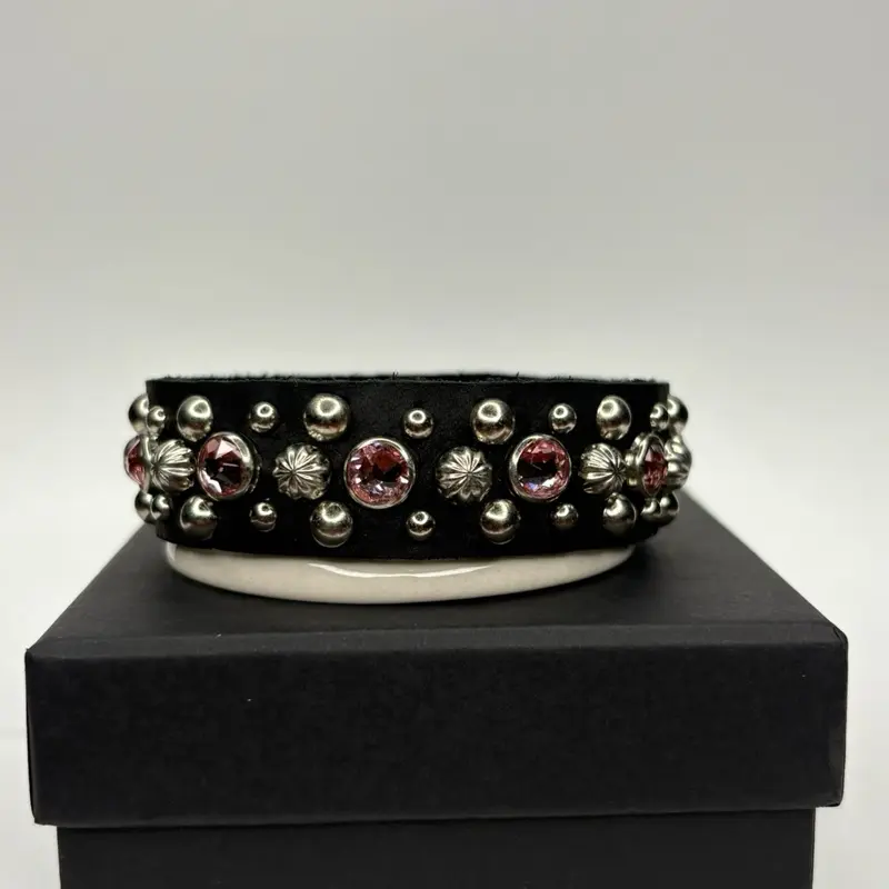 Women's Elegant Prong-Set Studded Cuff Bracelet - Light Rose Pink Non-Natural High-Clarity Austrian Crystal, Adjustable 7-8 in Wrist Fit, Durable Metal Coating, Unisex Design for Daily Wear, Premium Quality, Durable Quality