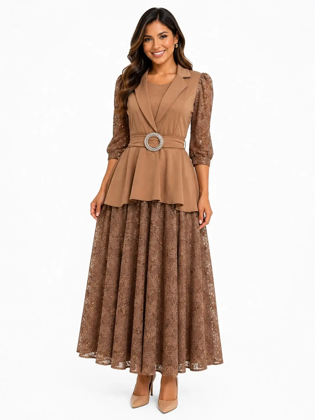 Elegant Brown Lace Dress with Peplum Waist and Three-Quarter Sleeves for Special Occasions
