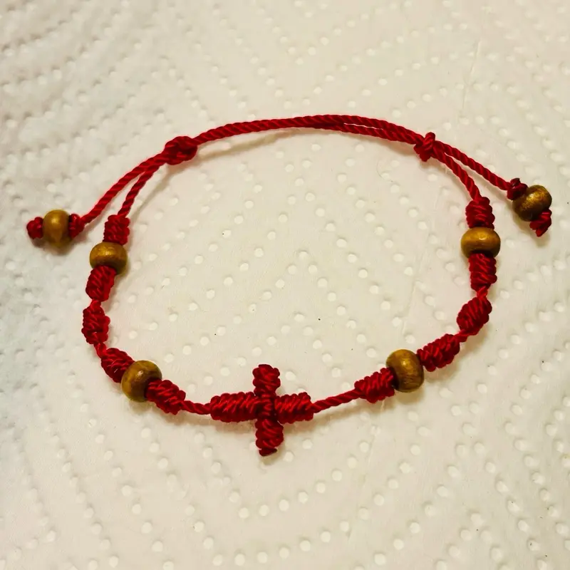 Red Cord Prayer Bracelet with Wooden Beads & Knotted Cross