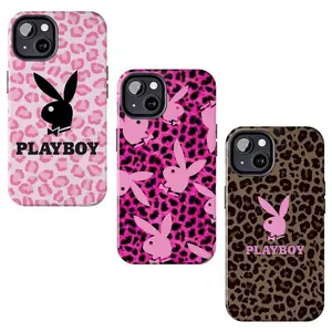 Playboy leopard print pink phone case, compatible with iPhone 17/16/15/14/13/12/11 Pro Max/Plus and Samsung Galaxy S23FE/22/23/24/25. Adorned with wildflower patterns, a unisex birthday gift.