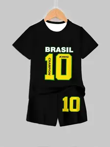 Brazil Team No. 10 Boys' Sports Short Sleeve Set, King Champion Printed Summer Football Matchwear, Casual Fitted Tee & Shorts