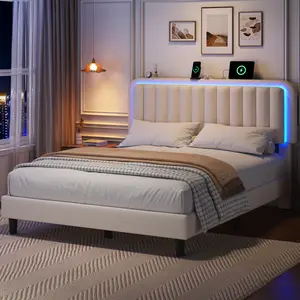 【 LED 】 Bed Frame with USB Charging Station App Controlled Adjustable Headboard Lighting Modern Upholstered Platform No Noise No Box Spring Bedroom Furniture Gift