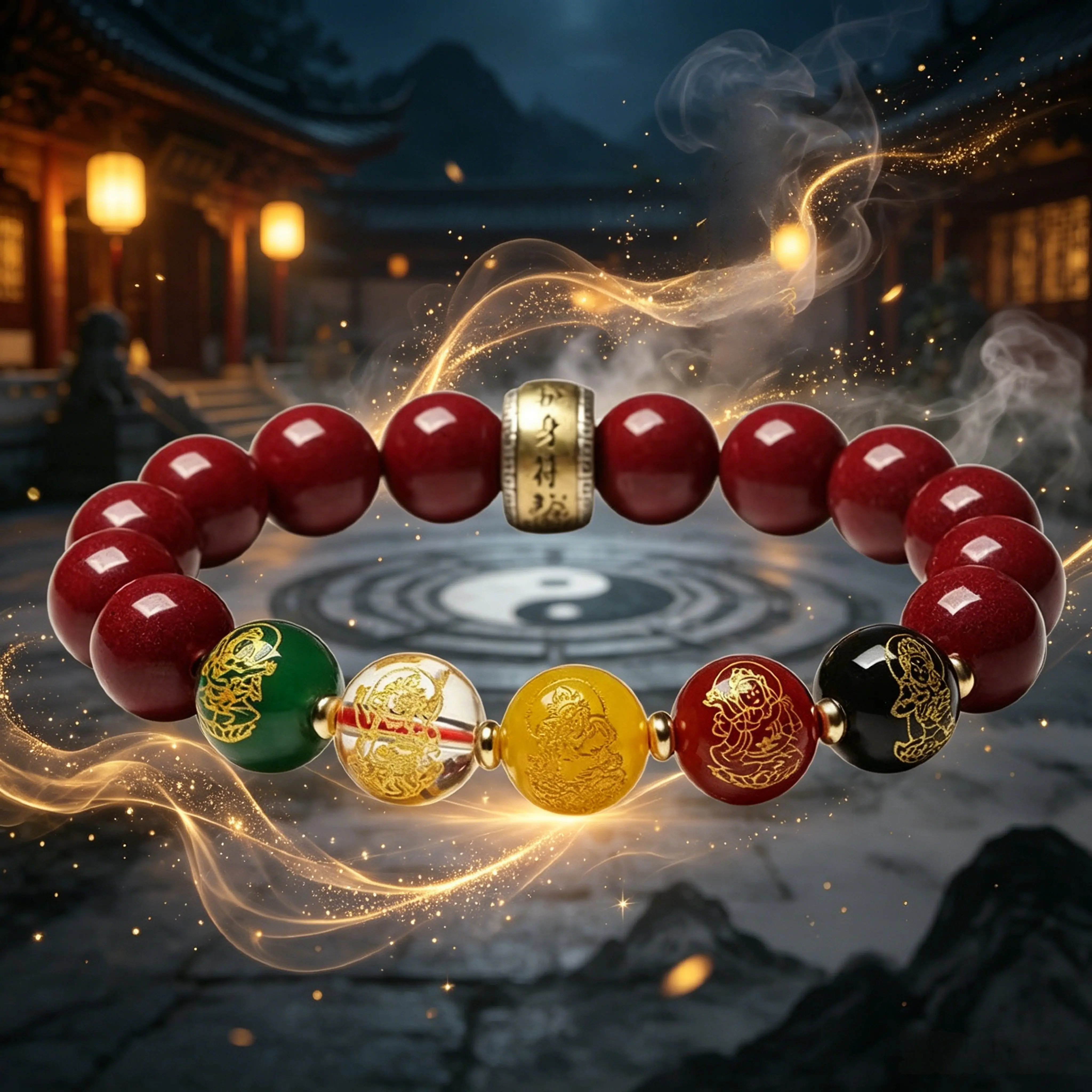 Attract Wealth from Five Directions, Full-Year Prosperity Luck – Cinnabar Five Gods of Wealth Bracelet