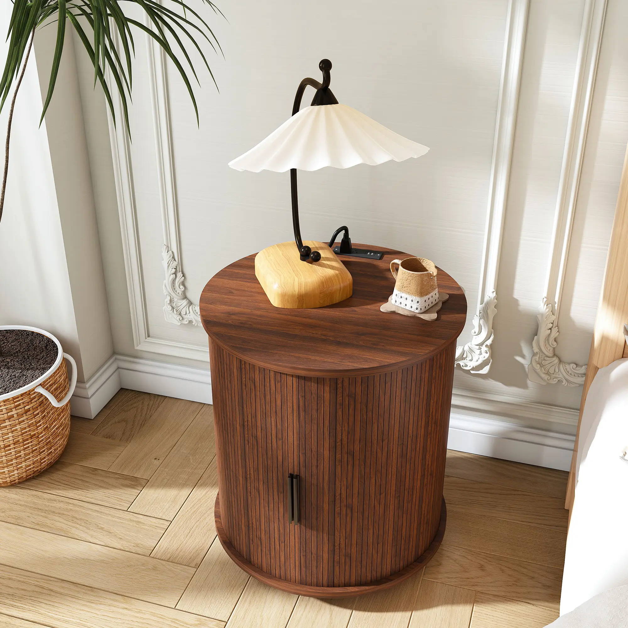 Walnut Fluted Round End Table with Charging Station, Wooden Nightstand with Storage, Power Outlets & USB Charging Ports, Mobile Bedside Table with 360° Swivel Casters, Hidden Wheels for Bedroom Living Room