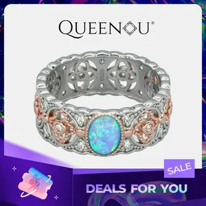 【958】Dual-Tone Floral Openwork Ring: Synthetic Opal Center with Cubic Zirconia Border