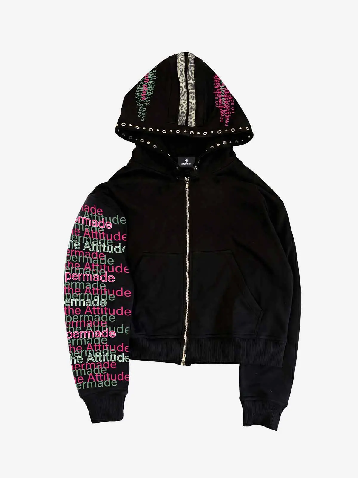 Thesupermade Men's Studded Lace-Up Cropped Hoodie - Leopard Trim, Metal Rivet, Adjustable Fit, Graphic Tops, Long Sleeves, Menswear, Statement Pieces, Punk, Casual, Silver Hem, Unisex Sweatshirt