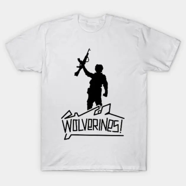 Wolverines Red Dawn Movie Soldier Rifle Silhouette White T-Shirt, Classic War Action Film Crew Neck Tee, Retro Patriotic Movie Casual Top, Gift For Red Dawn Action Movie Fans