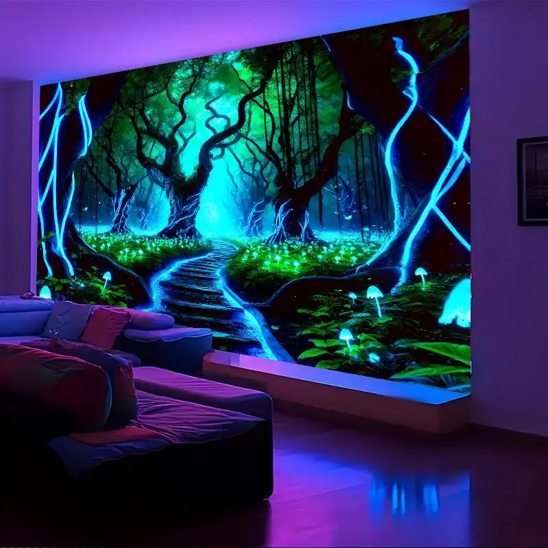 UV Reactive Psychedelic Forest Tapestry  Glowing Tree and Misty Path Design | Multi-Color Polyester Wall Art for Creative Spaces, Dorms, Living Rooms & Bedrooms | No Power Needed | Vibrant Home Decor, Forest Decor 60X40 Colorful Decoration