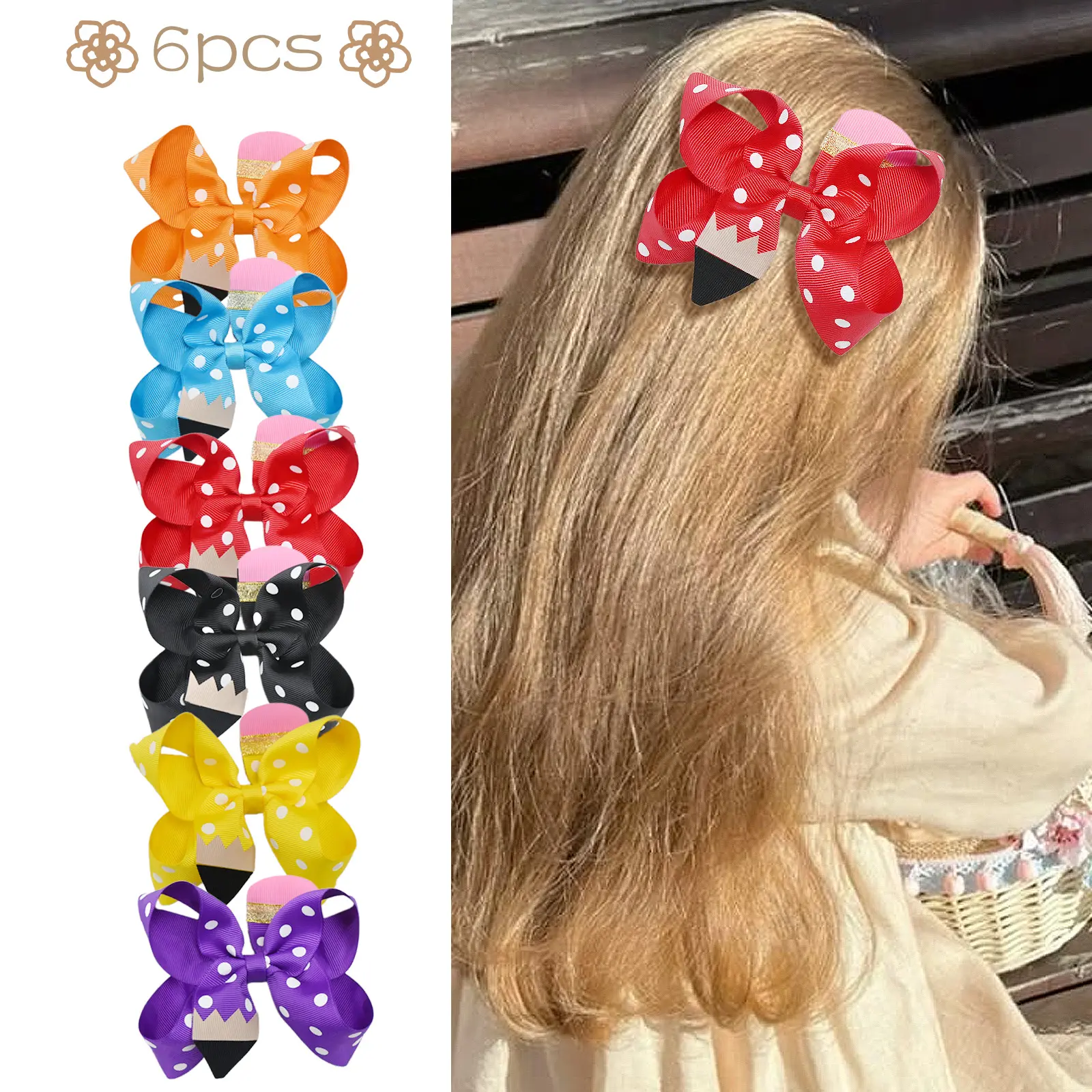 JoyBowie 6Pcs Back To School Hair Bows Big Pencil Hair Clips Grosgrain Ribbon Bow Hair Accessories First Day of School for Girls and Teachers Children's Day
