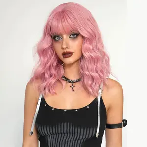 Summervibes Pastel Bob Wigs with Bangs for Women Loose Wavy Pastel Shoulder Length Bob Synthetic Cosplay Wig for Girl Colorful Costume Wigs Orange Daily Party Use 12inch 210g High-Quality Synthetic Fiber Breathable Rose Net Cap