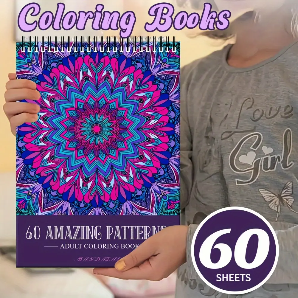 Adult Stress-Relief Coloring Book - A4 Size with 60 Mandala & Geometric Patterns, Spiral-Bound, Spiral Binding, Single-Sided Thick Paper, Ideal for Adult Coloring & Gifting on Birthdays/Christmas