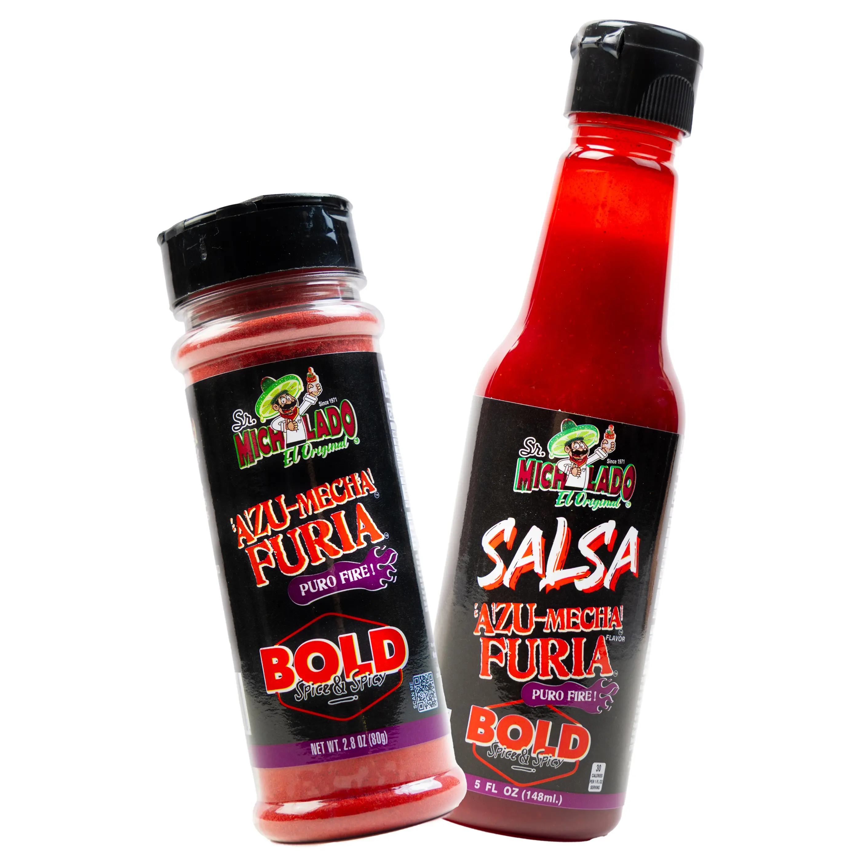 COMBO Salsa Bold & Mini Bold - Azu-Mecha Furia BOLD - Spice & Spicy - Sr. Michelado - 1 Salsa 5oz Azu-Mecha Furia BOLD & 1 MINI Size 2.8oz Azu-Mecha Furia BOLD Snack Seasoning