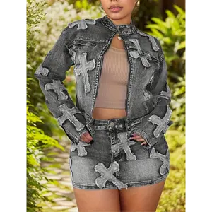 [Denim Skirt Set] 2pcs Women Denim Skirt Sets Long Sleeve Full Zip Embroidery Crop Jean Jacket Mini Skirt Set