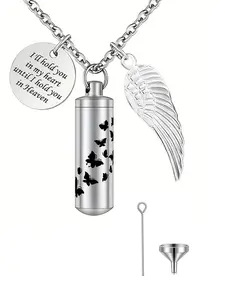 Cylinder Urn Necklace for Ashes Butterfly Cremation Jewelry for Ashes Memorial Keepsake Pendant with Angel Wing Round Tag Stainless Steel Remembrance Jewelry Gift Necklace