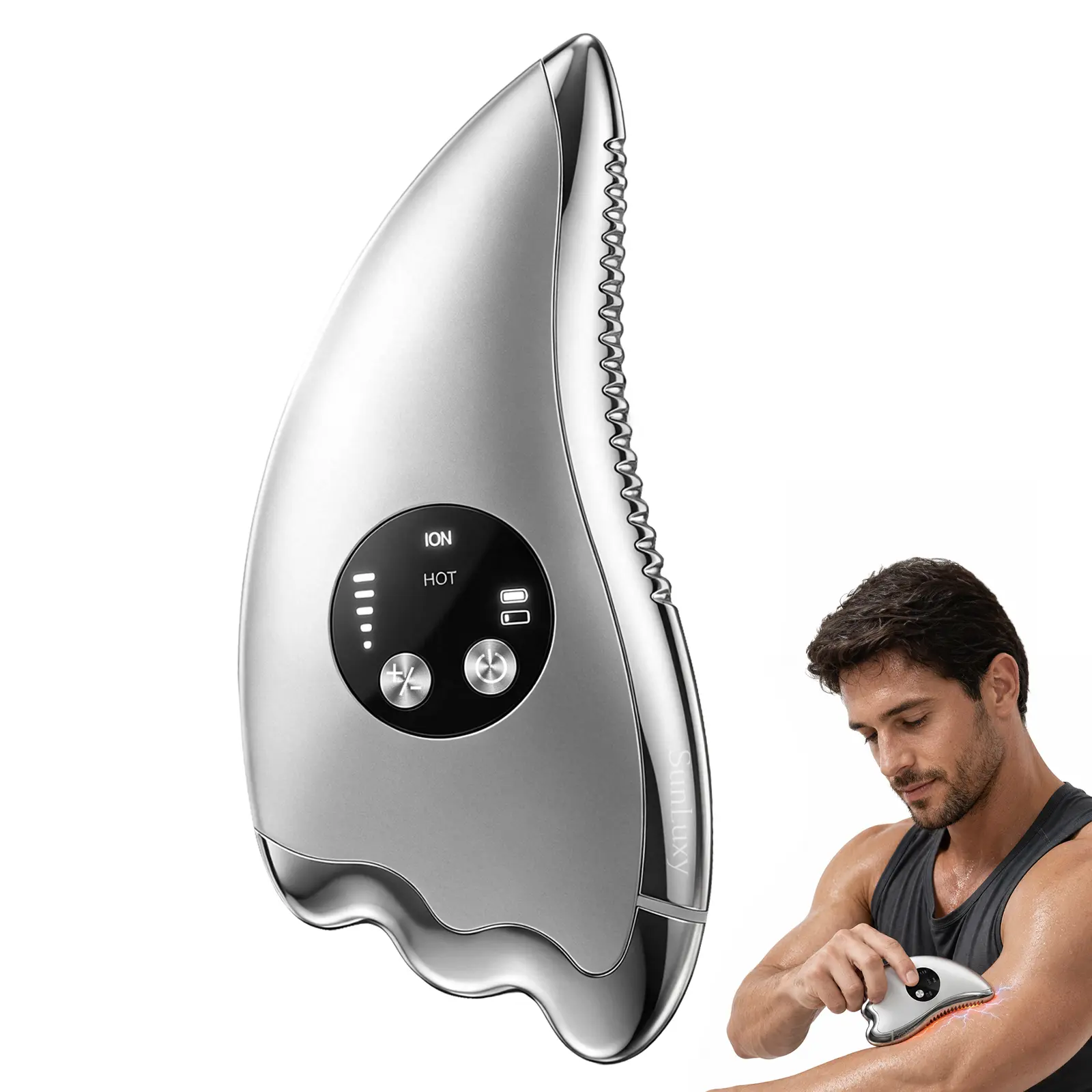 Sunluxy Electric Gua Sha Tool - 2-in-1 Dual-Sided, Microcurrent, Heated with Heat Adjust, No-Noise Skincare Tool for Muscle Lift, Chin Firming, Single Unit, Face & Body