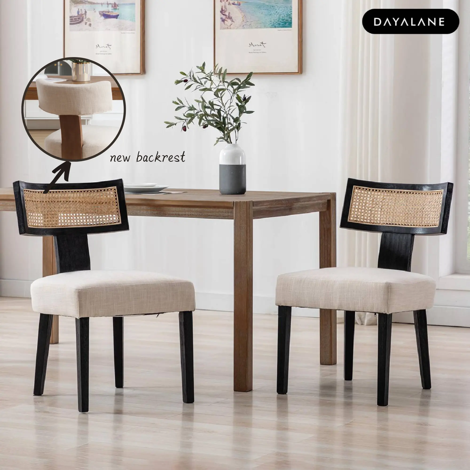 [SummerFinds]DAYALANE Payson Modern Cane Dining Room Chairs Set of 2 Nature Cane Back Upholstered Beige Light Wood Legs Ergonomic Curved Backrest for Mid Century Kitchen Party Furniture